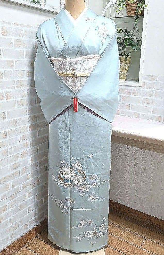 水色花の丸訪問着と袋帯・帯揚げ帯締めの4点フルセット