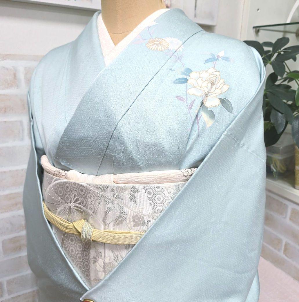 水色花の丸訪問着と袋帯・帯揚げ帯締めの4点フルセット
