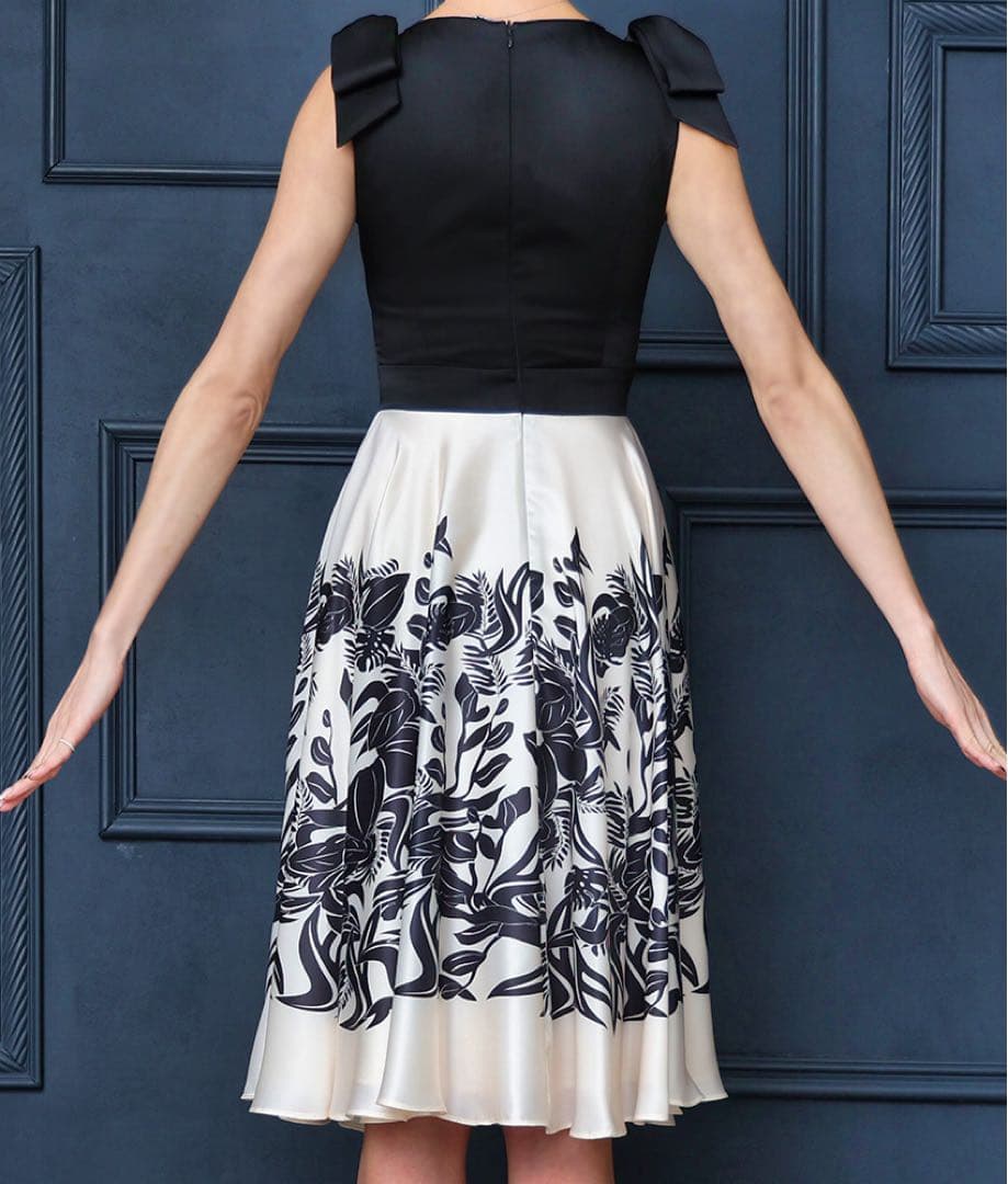 SETTAN ブラック×ベージュ・肩リボン・Aライン・フレア・ロングドレス