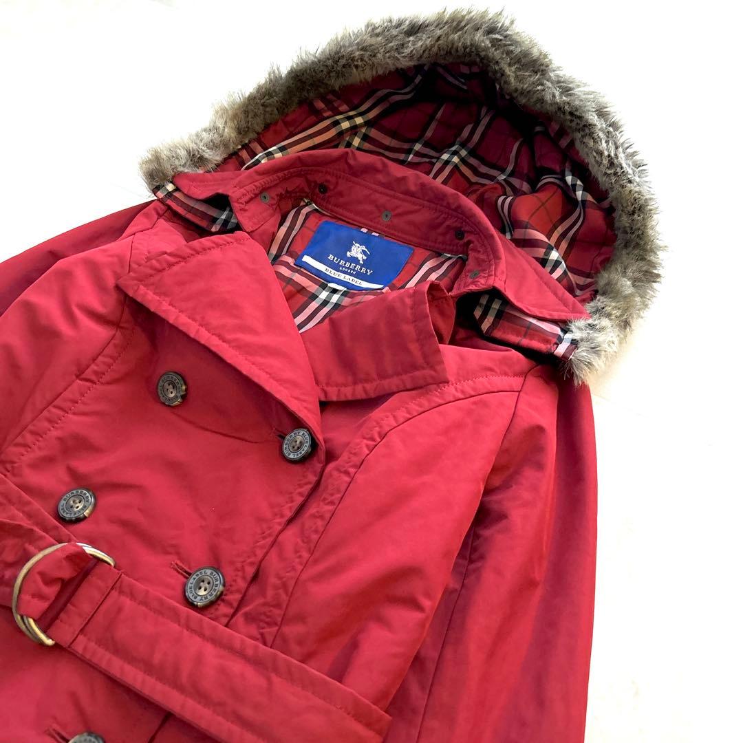 希少✨人気　バーバリー　トレンチコート　ノバチェックファーフード付きベルト付き赤
