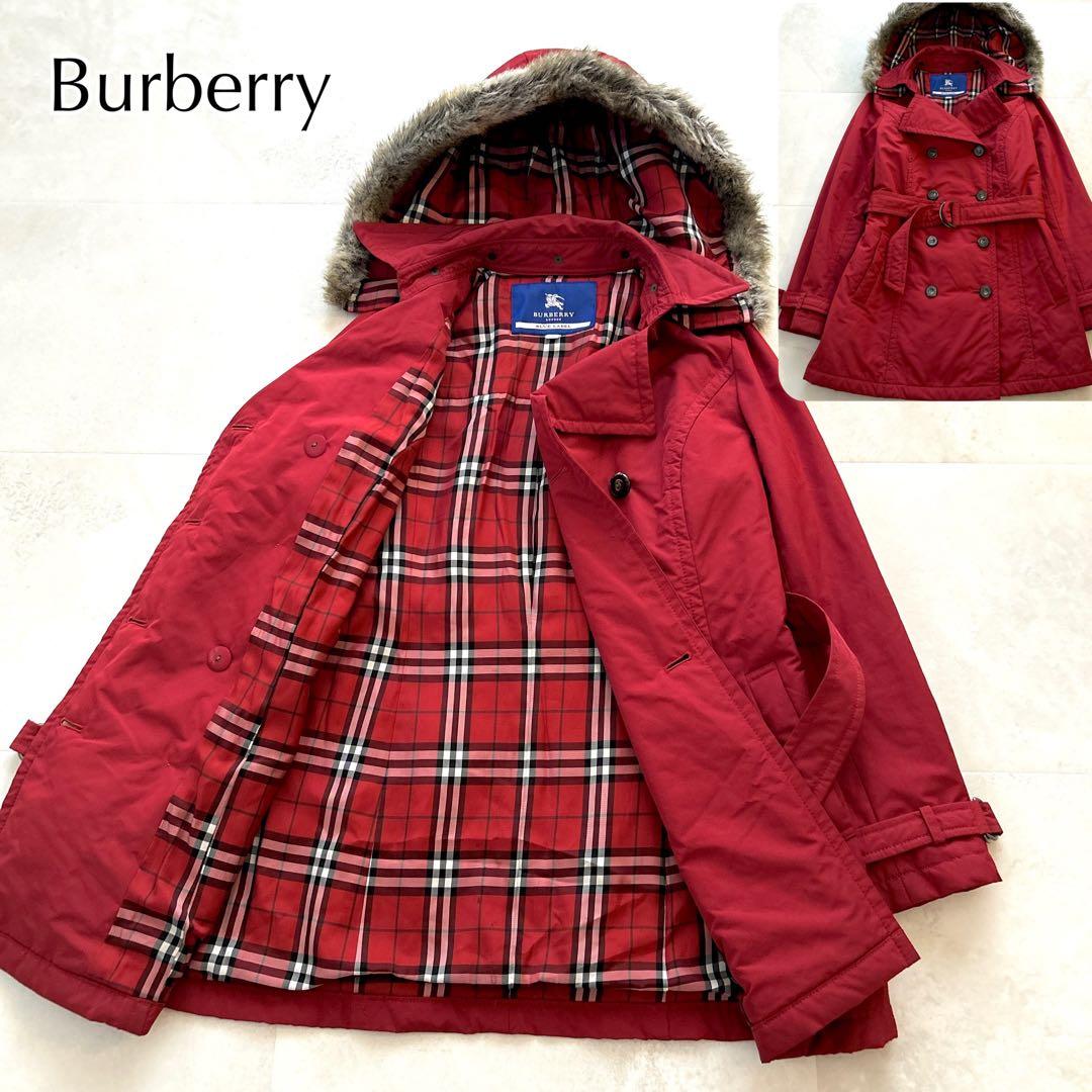 希少✨人気　バーバリー　トレンチコート　ノバチェックファーフード付きベルト付き赤