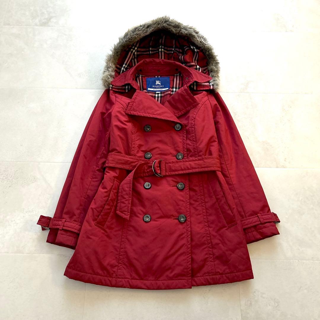 希少✨人気　バーバリー　トレンチコート　ノバチェックファーフード付きベルト付き赤
