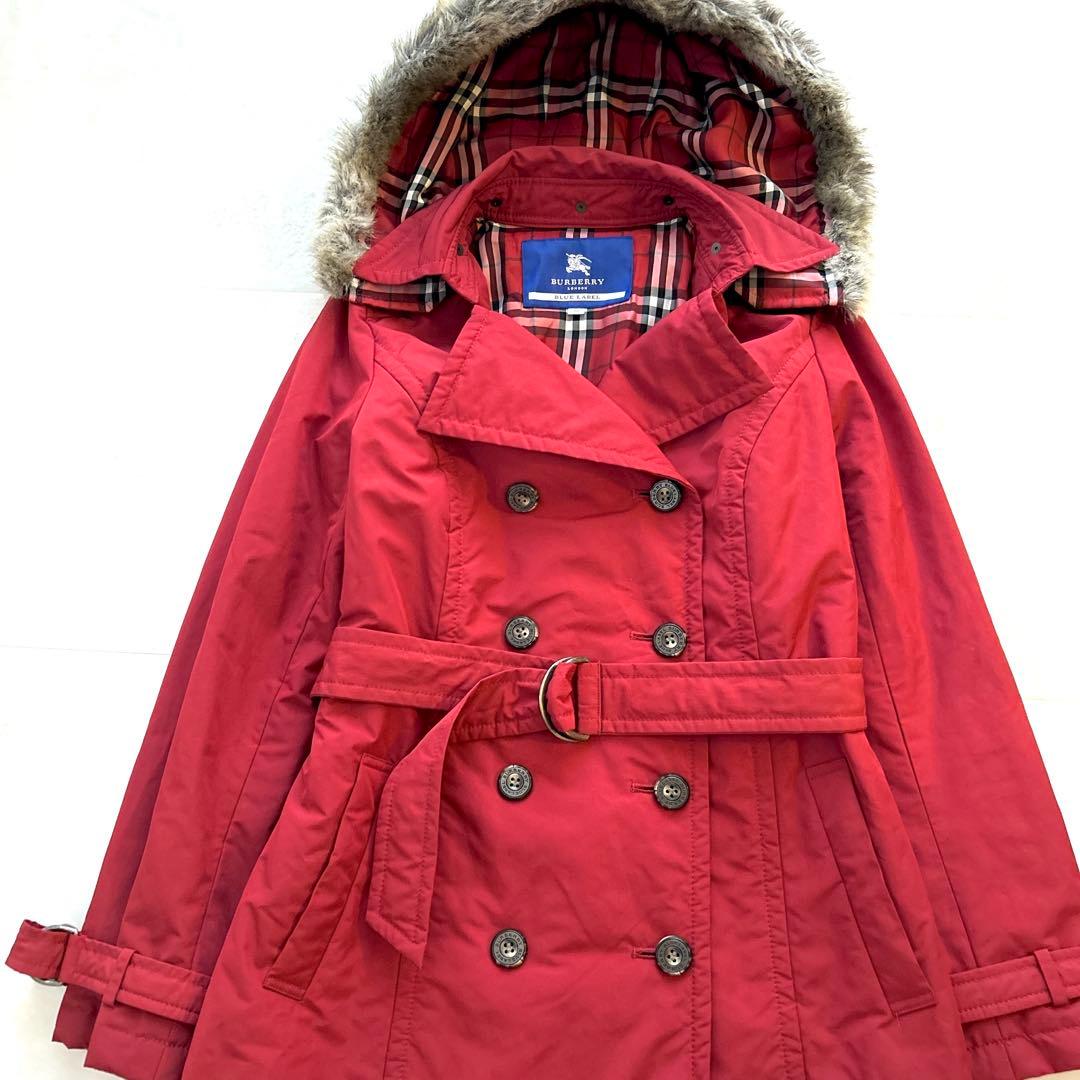 希少✨人気　バーバリー　トレンチコート　ノバチェックファーフード付きベルト付き赤