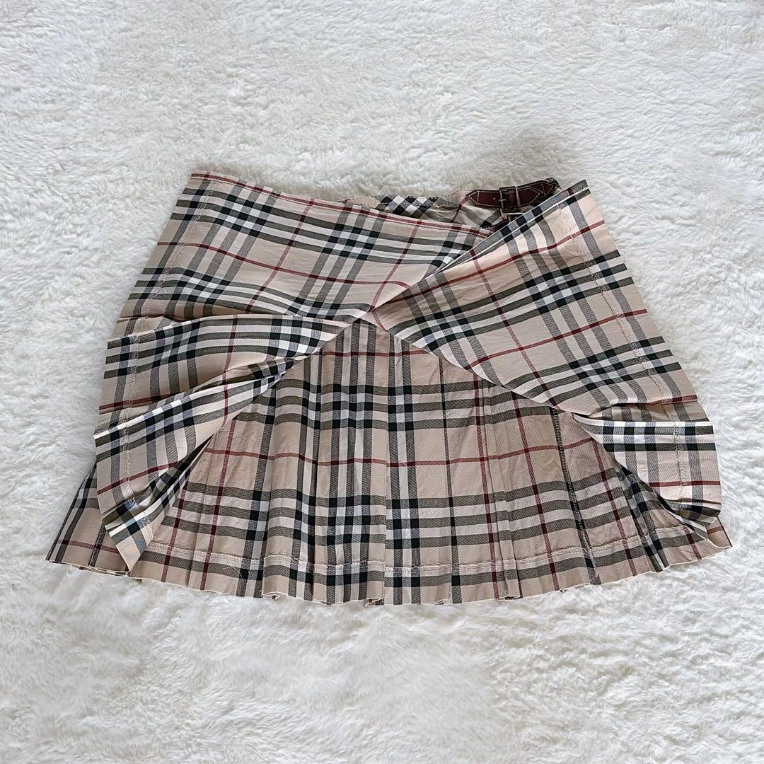 【バーバリーブルーレーベル】ベルトラッププリーツスカート ベージュノバチェック