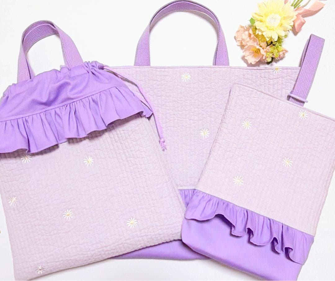 レッスンバッグ　上履き入れ　体操着袋　給食袋　入園入学　花柄パープル　絵本バッグ