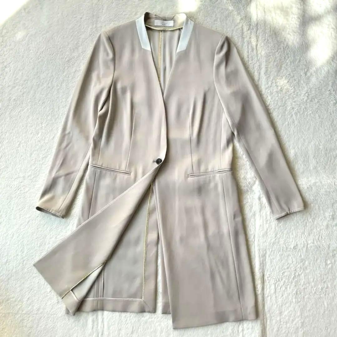 24AW BEIGE, ノーカラー ロングジャケット ベージュ ホワイト