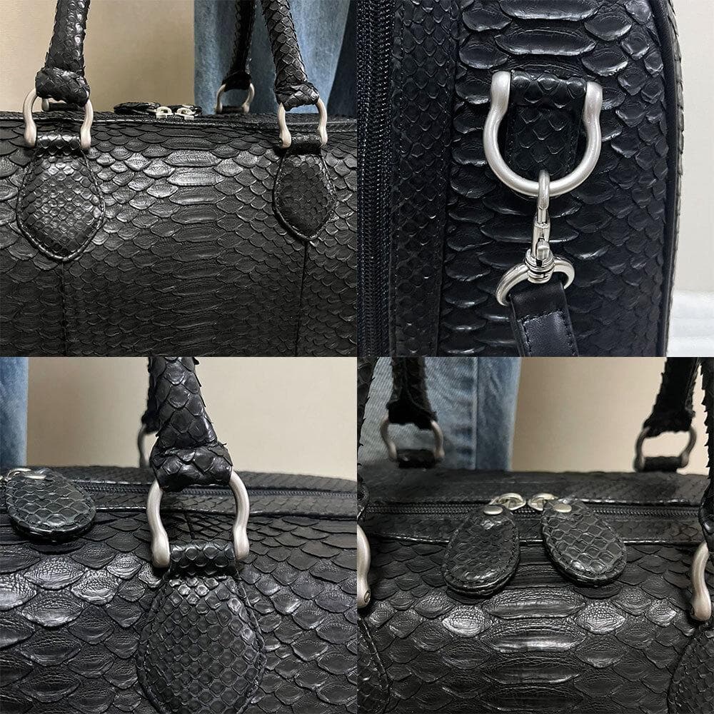 未使用タグ付 パイソン 蛇革 レザー 本革 2way ボストンバッグ 大容量 黒