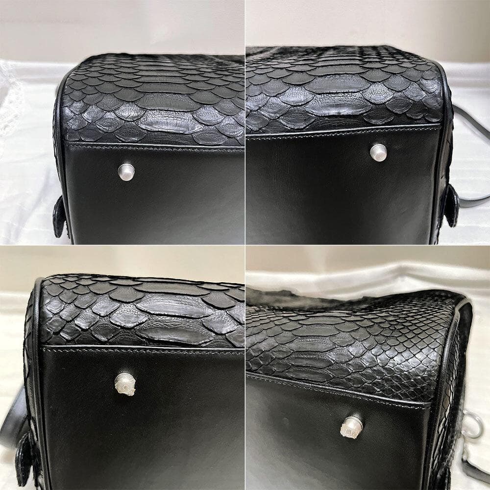 未使用タグ付 パイソン 蛇革 レザー 本革 2way ボストンバッグ 大容量 黒