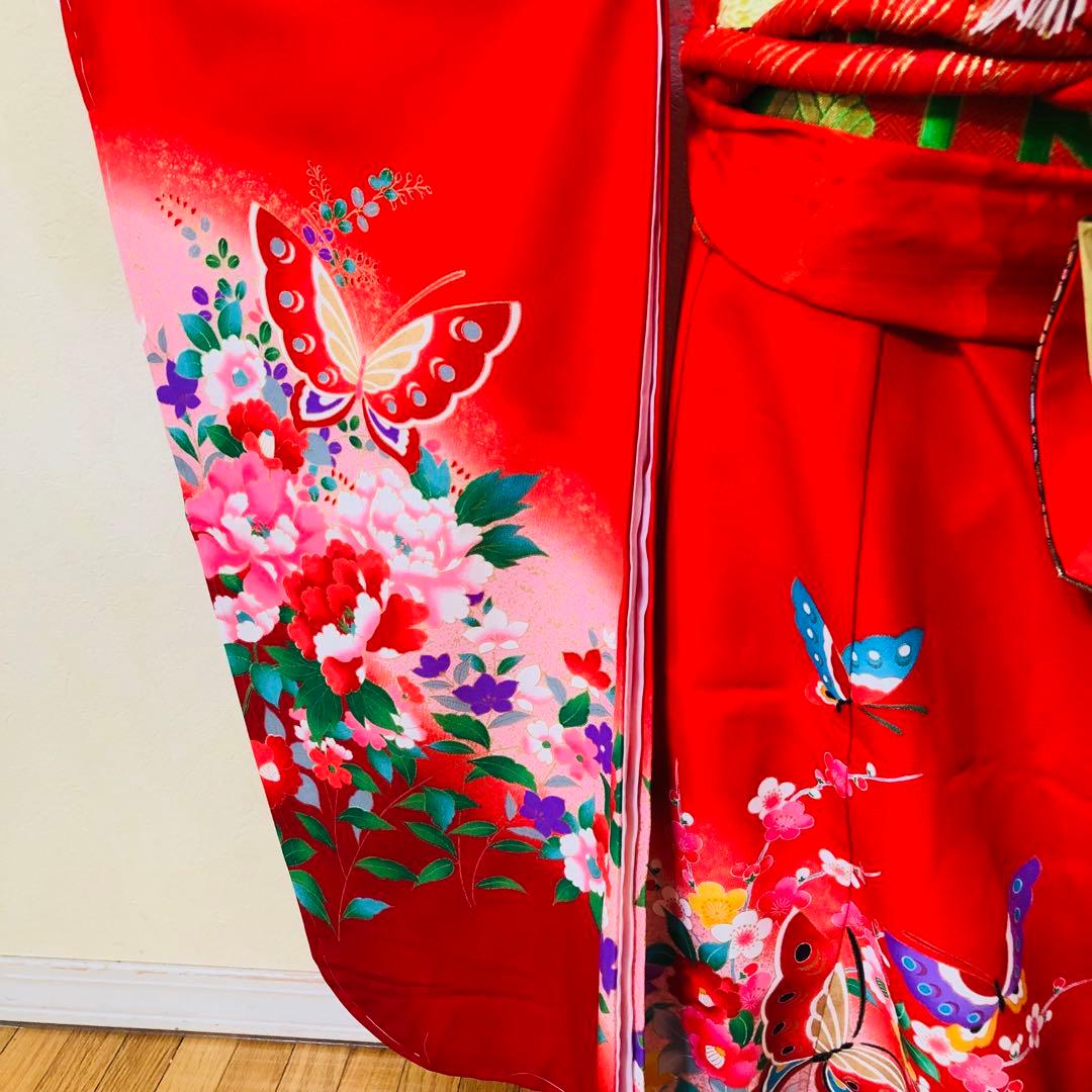 七五三七歳❣️新品着物✨赤地手毬蝶々花金彩⭐︎作り帯楽々⭐︎完全フルセット銘品
