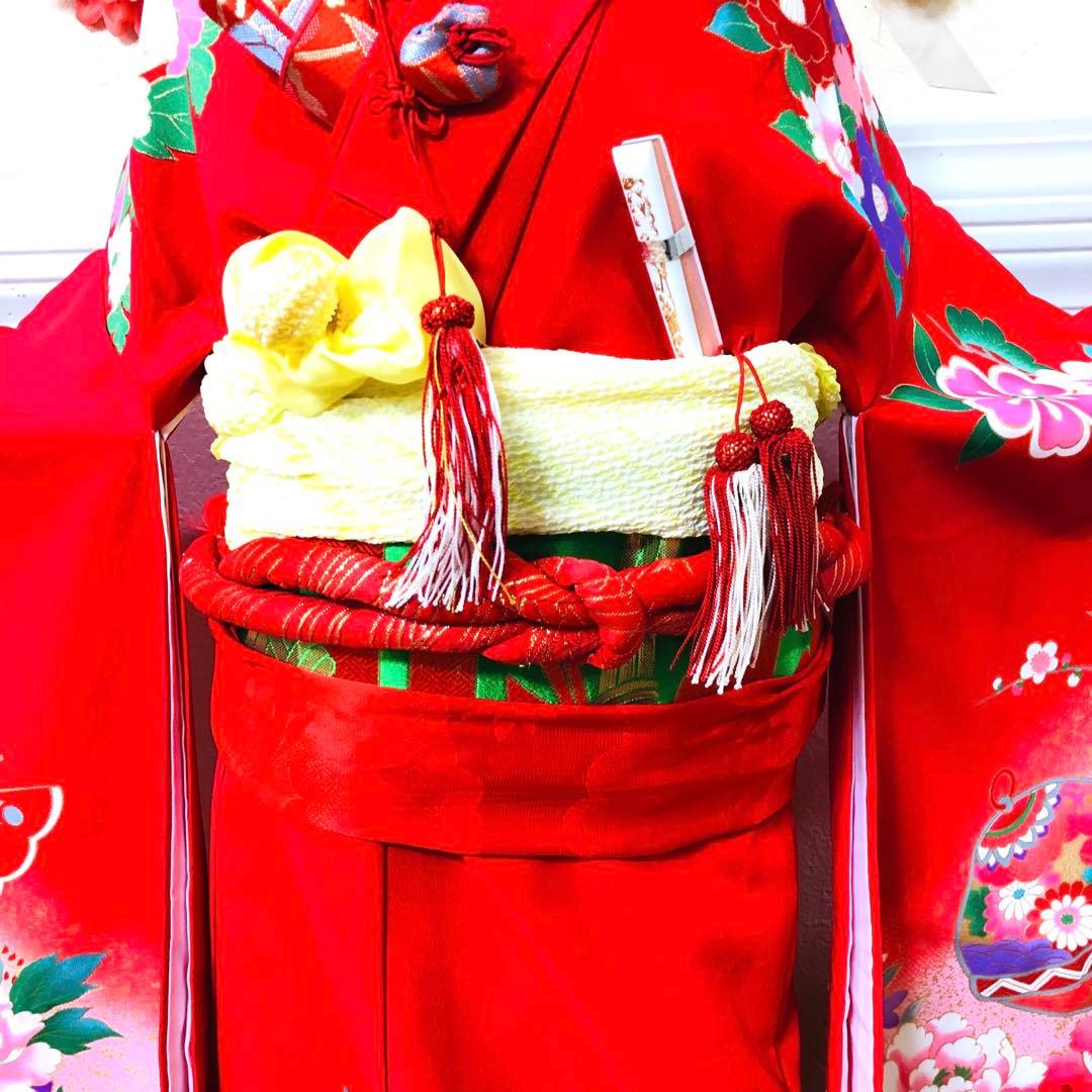 七五三七歳❣️新品着物✨赤地手毬蝶々花金彩⭐︎作り帯楽々⭐︎完全フルセット銘品
