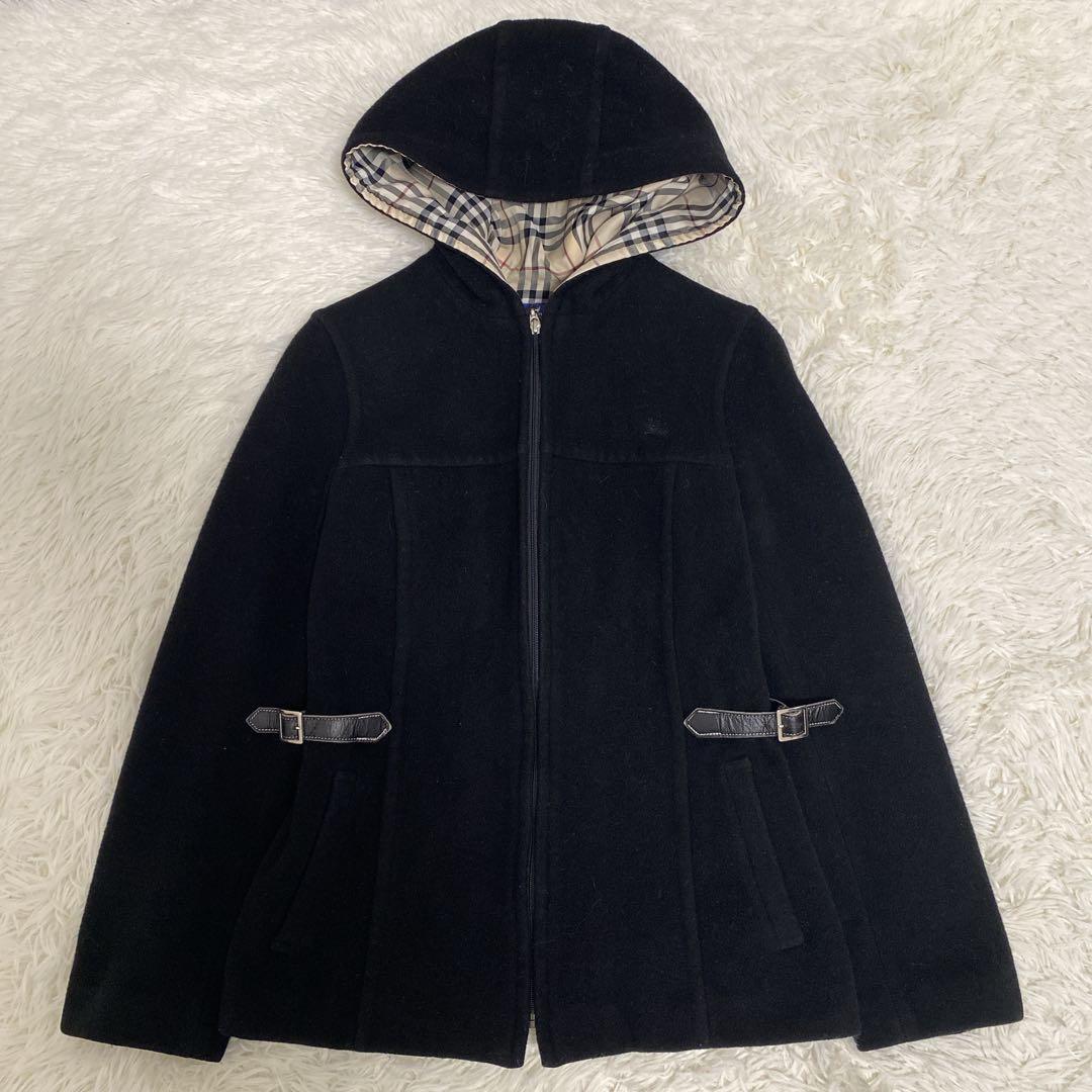 バーバリー フード付きウールコート ノバチェック柄 フルジップ 黒40
