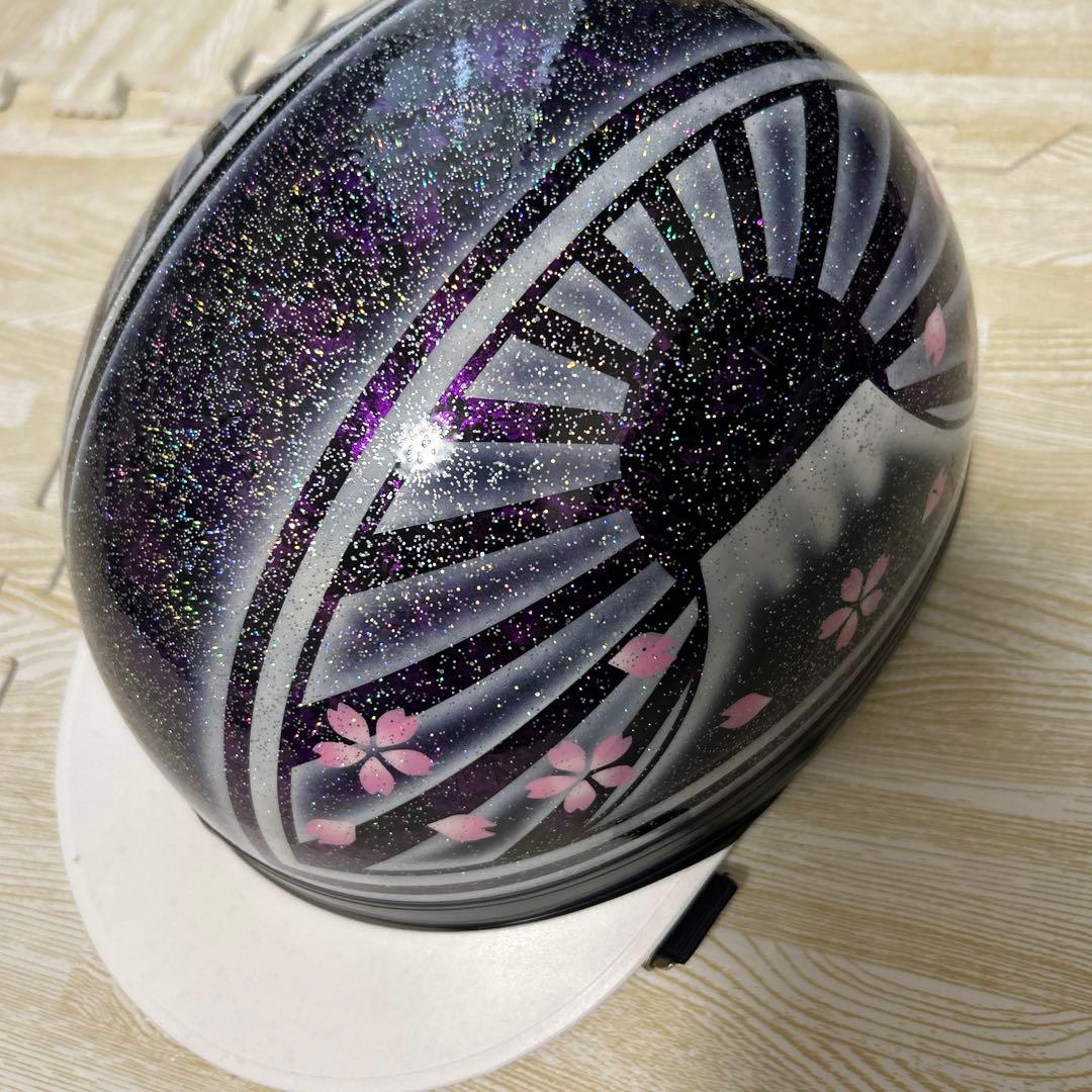 半帽ヘルメット 黒紫グリッター 桜模様