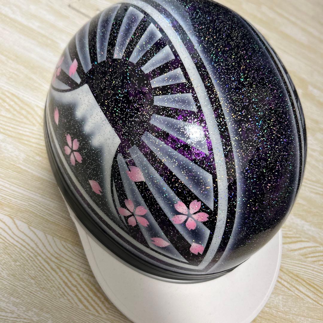 半帽ヘルメット 黒紫グリッター 桜模様