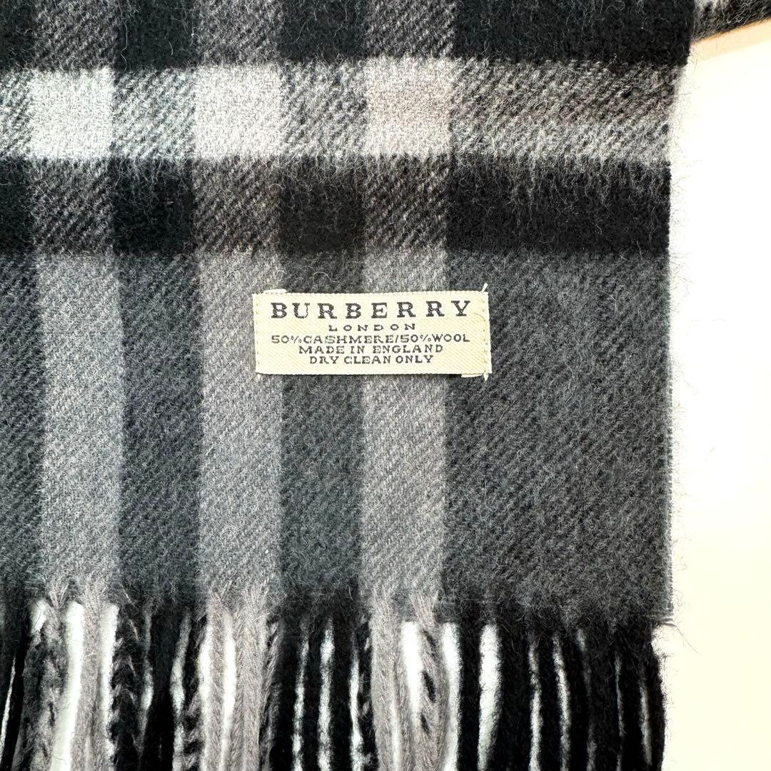 未使用級バーバリーズ カシミヤ ウール マフラー メガチェック ブラック グレー