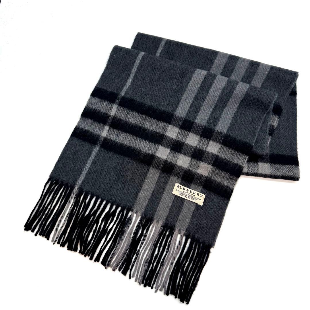 未使用級バーバリーズ カシミヤ ウール マフラー メガチェック ブラック グレー