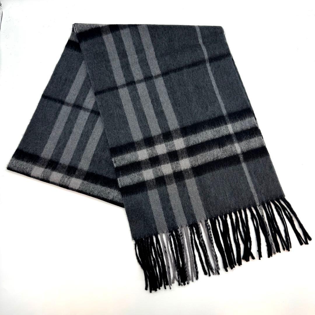 未使用級バーバリーズ カシミヤ ウール マフラー メガチェック ブラック グレー