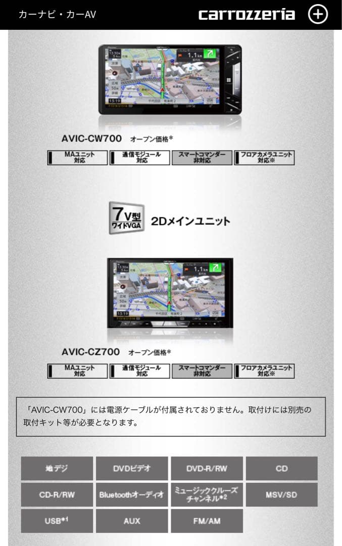 カロッツェリア AVIC-CW700 (*地図データ:2024年)
