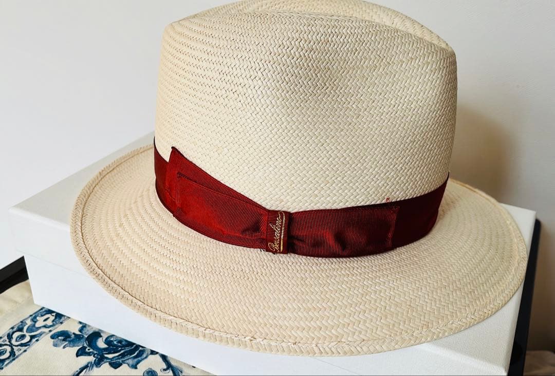Borsalino パナマハット、アイボリー/赤