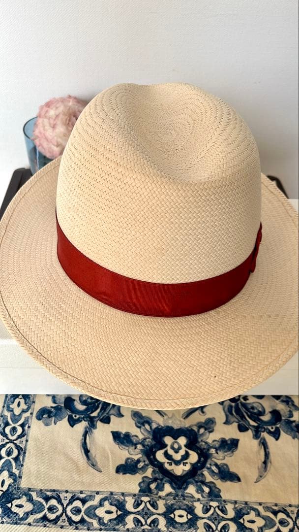 Borsalino パナマハット、アイボリー/赤