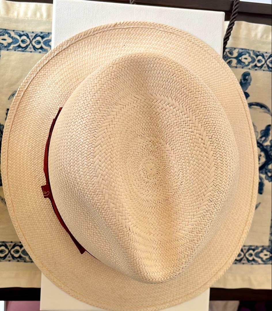Borsalino パナマハット、アイボリー/赤