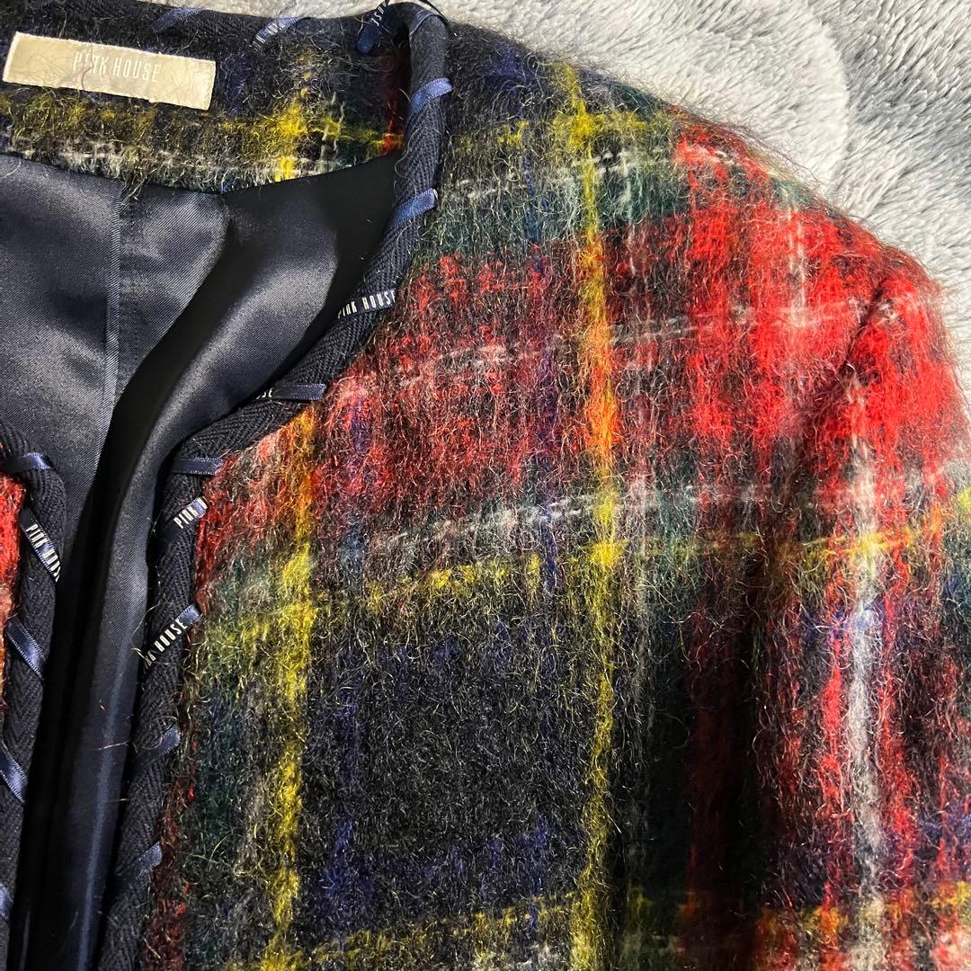 PINK HOUSE モヘアシャギーノーカラーチェックジャケット