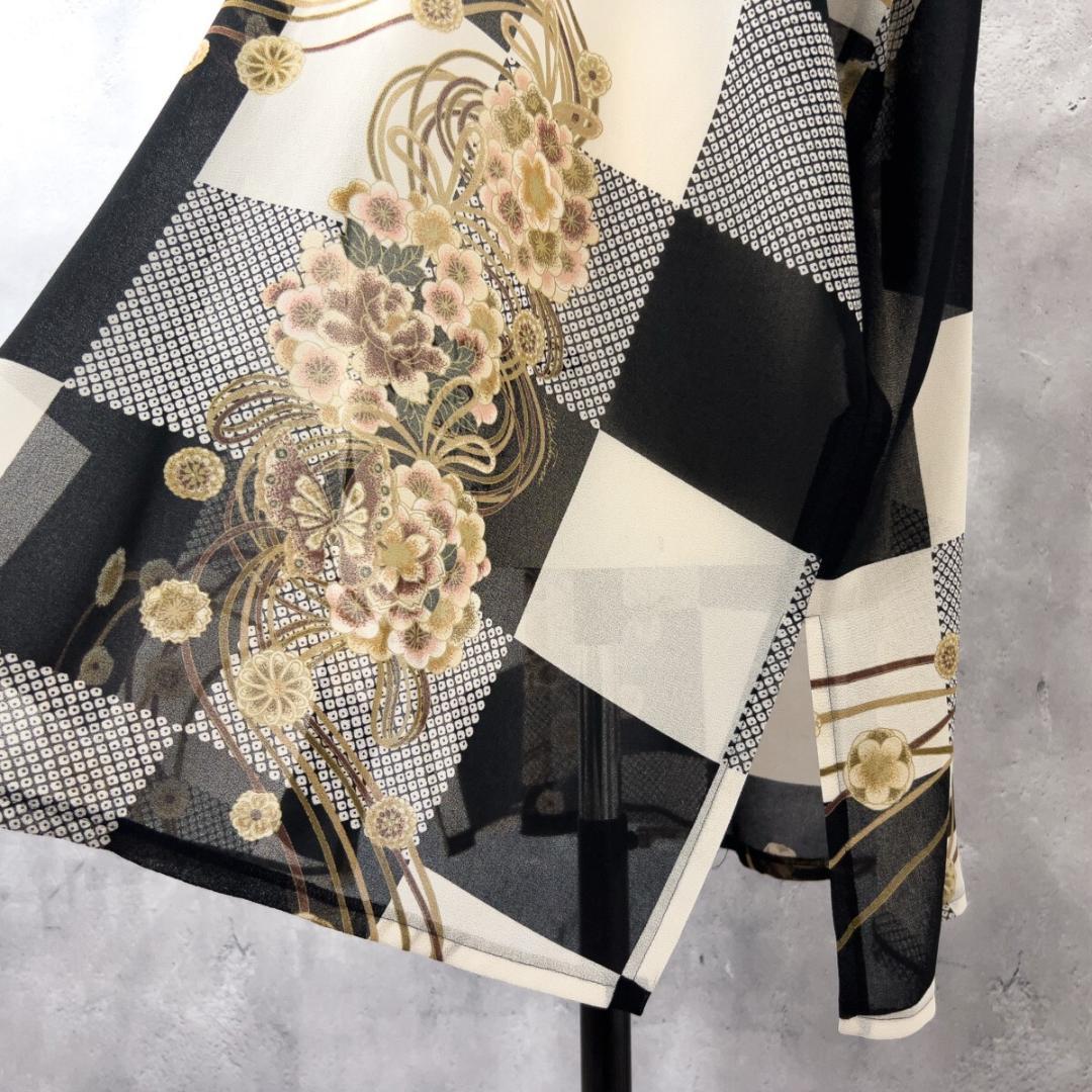 詩仙堂 シセンドウ フード シフォン ロング チュニック ワンピース 花柄 黒