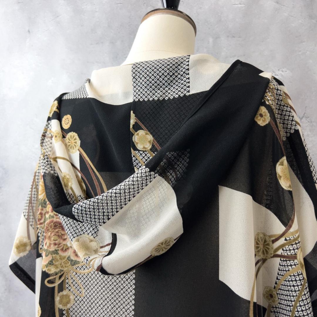 詩仙堂 シセンドウ フード シフォン ロング チュニック ワンピース 花柄 黒