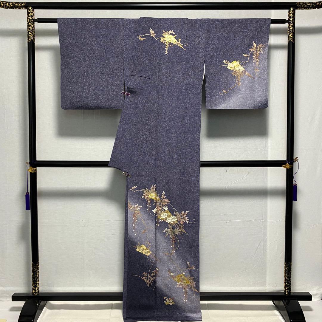 D61 訪問着 扇 藤の花 金彩 正絹 着物 袷 極美品