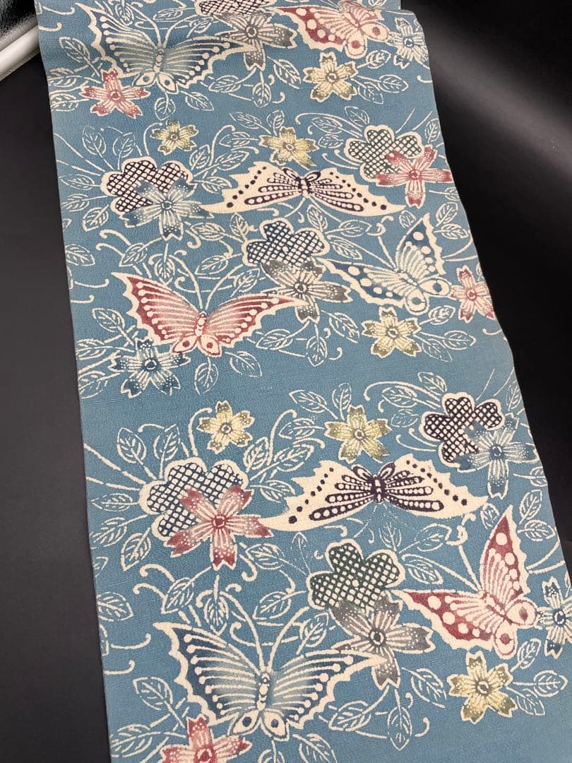 △名古屋帯 洒落帯　高級　正絹　△ 型染め　紅型　蝶　花柄　318