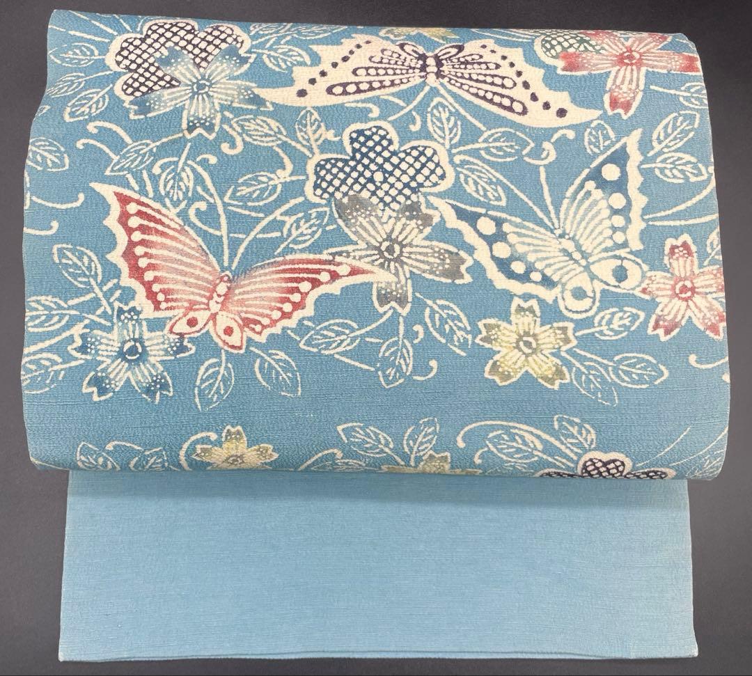 △名古屋帯 洒落帯　高級　正絹　△ 型染め　紅型　蝶　花柄　318