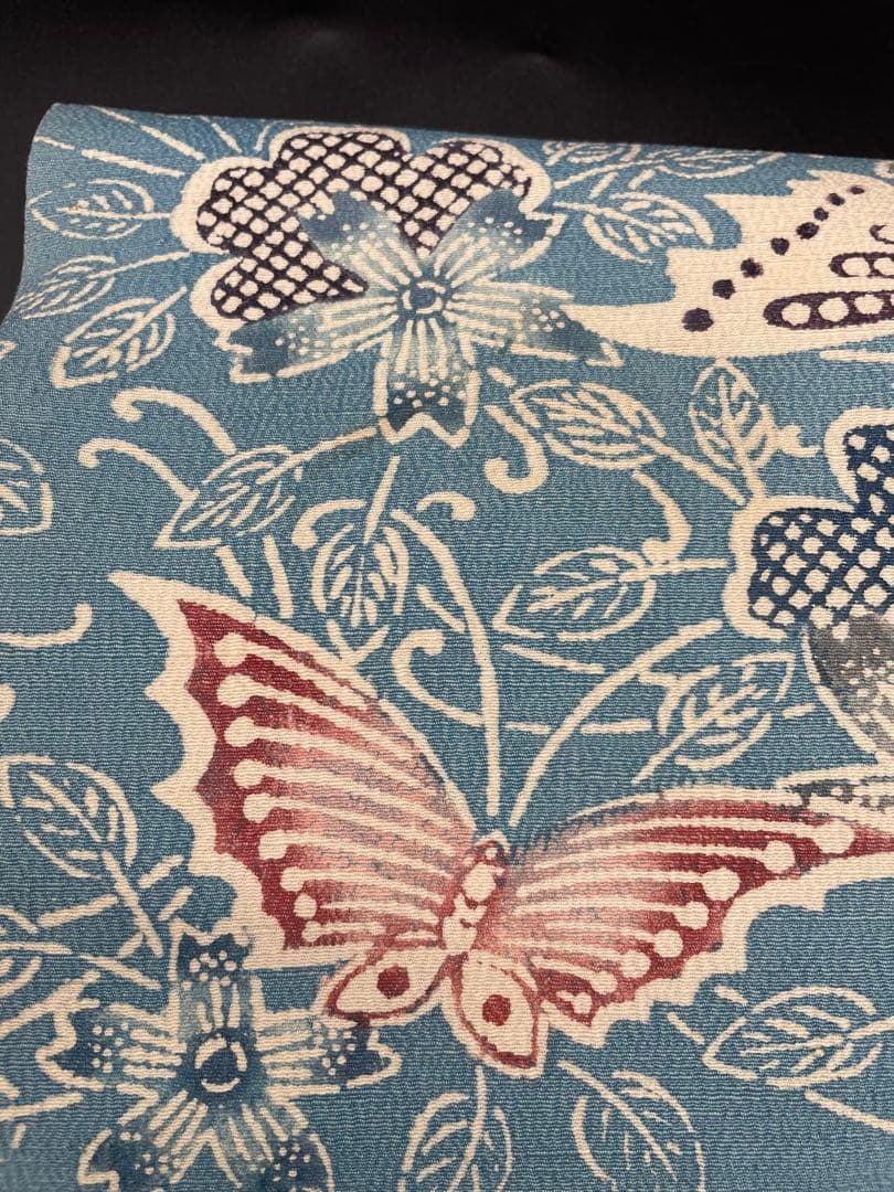 △名古屋帯 洒落帯　高級　正絹　△ 型染め　紅型　蝶　花柄　318