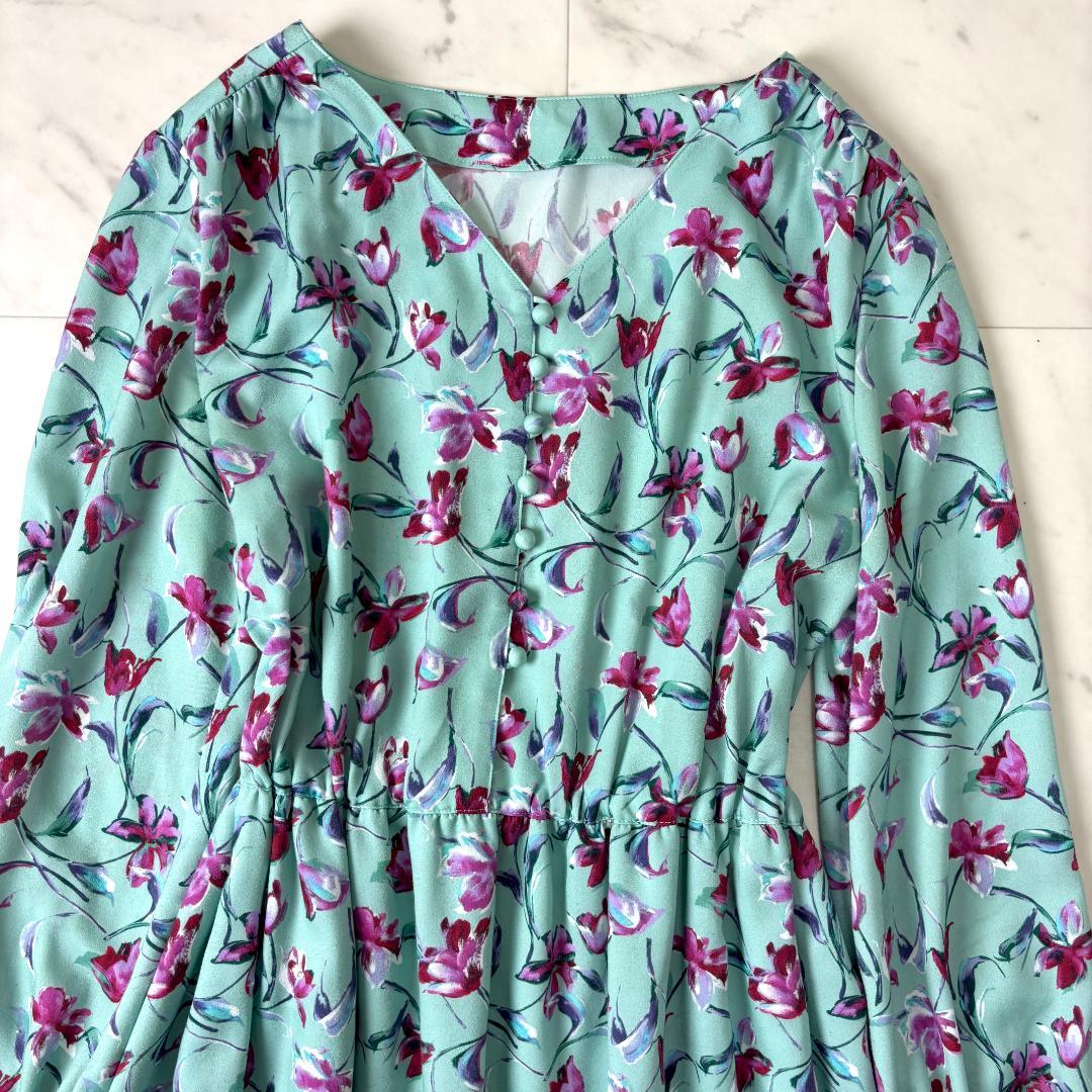 ANAYI フラワーペイントプリント ロングワンピース M ミント 花柄 アナイ