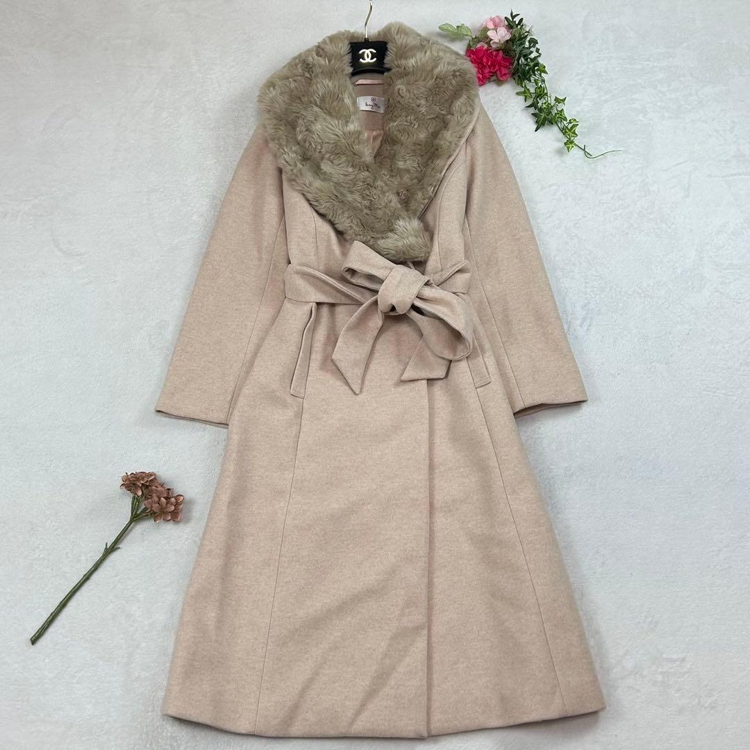 K885 美品 M ケイミー ベルト ロングコート ピンク ベージュ レディース