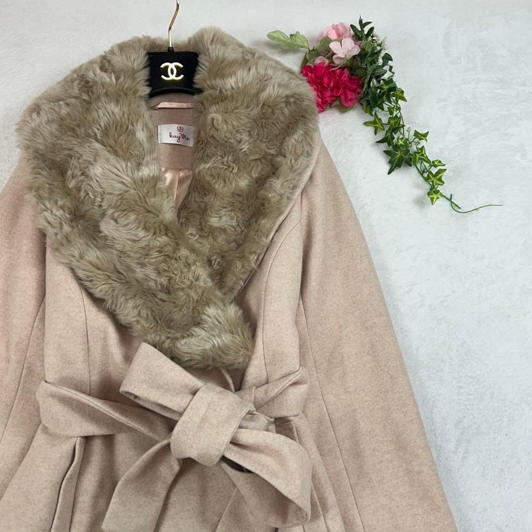 K885 美品 M ケイミー ベルト ロングコート ピンク ベージュ レディース