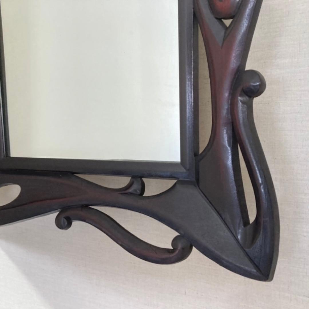 ウォールミラー 鏡 壁掛け 木製 木彫り 彫刻 ブラウン レトロ アンティーク