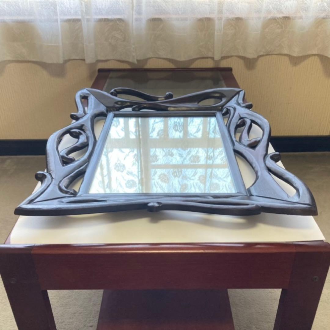 ウォールミラー 鏡 壁掛け 木製 木彫り 彫刻 ブラウン レトロ アンティーク