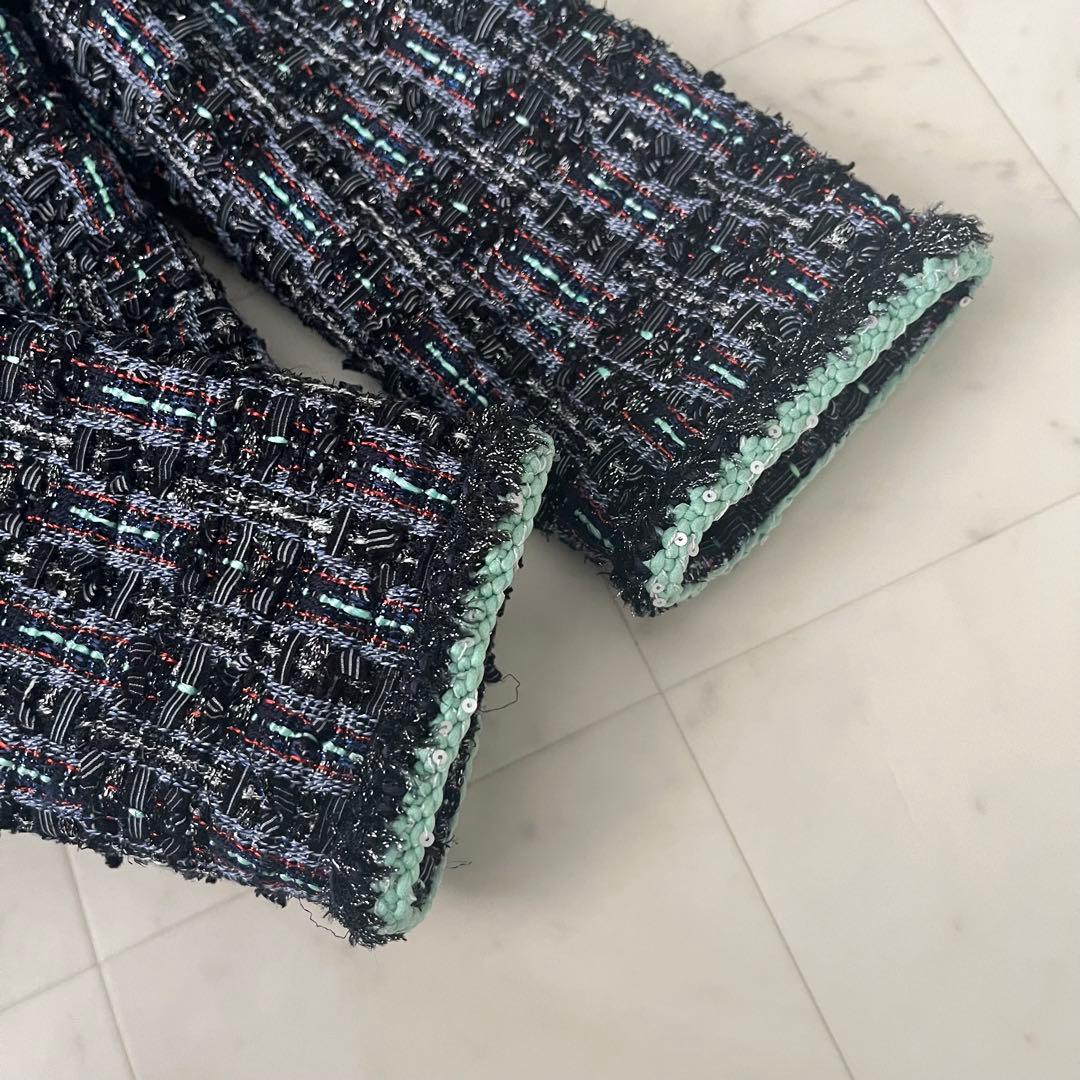 近年♡ルネ TISSUE製 ノーカラー ツイード ジャケット パール ラメ 34