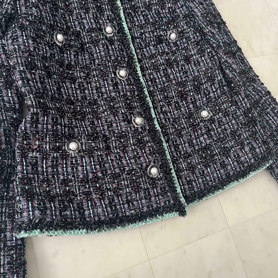 近年♡ルネ TISSUE製 ノーカラー ツイード ジャケット パール ラメ 34