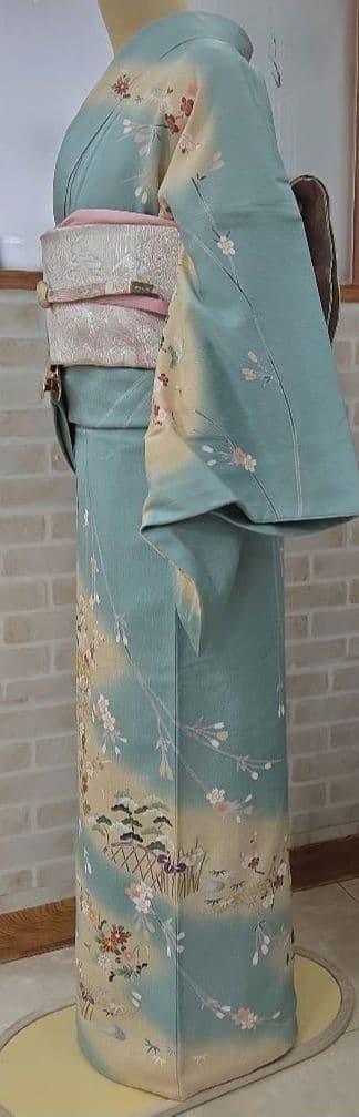 トールサイズ訪問着4点フルセット、着物、袋帯、帯締め、帯揚げ