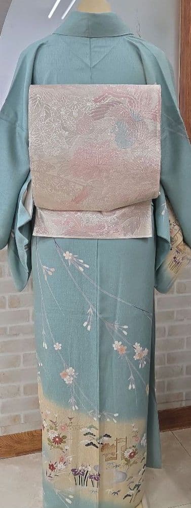 トールサイズ訪問着4点フルセット、着物、袋帯、帯締め、帯揚げ