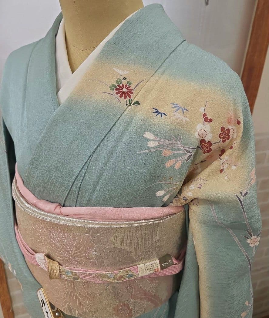 トールサイズ訪問着4点フルセット、着物、袋帯、帯締め、帯揚げ