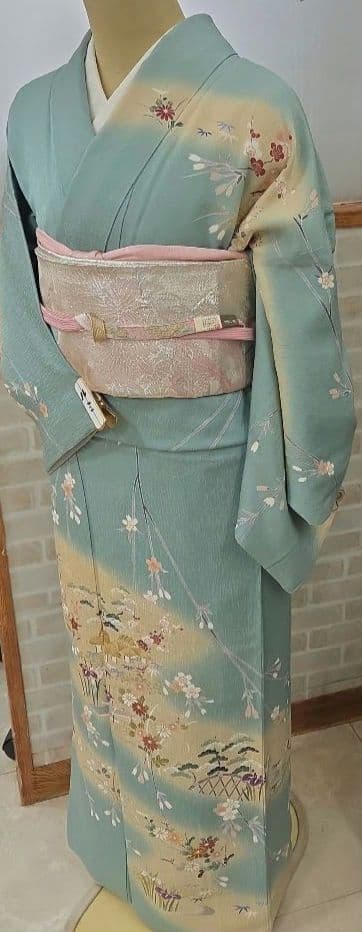 トールサイズ訪問着4点フルセット、着物、袋帯、帯締め、帯揚げ