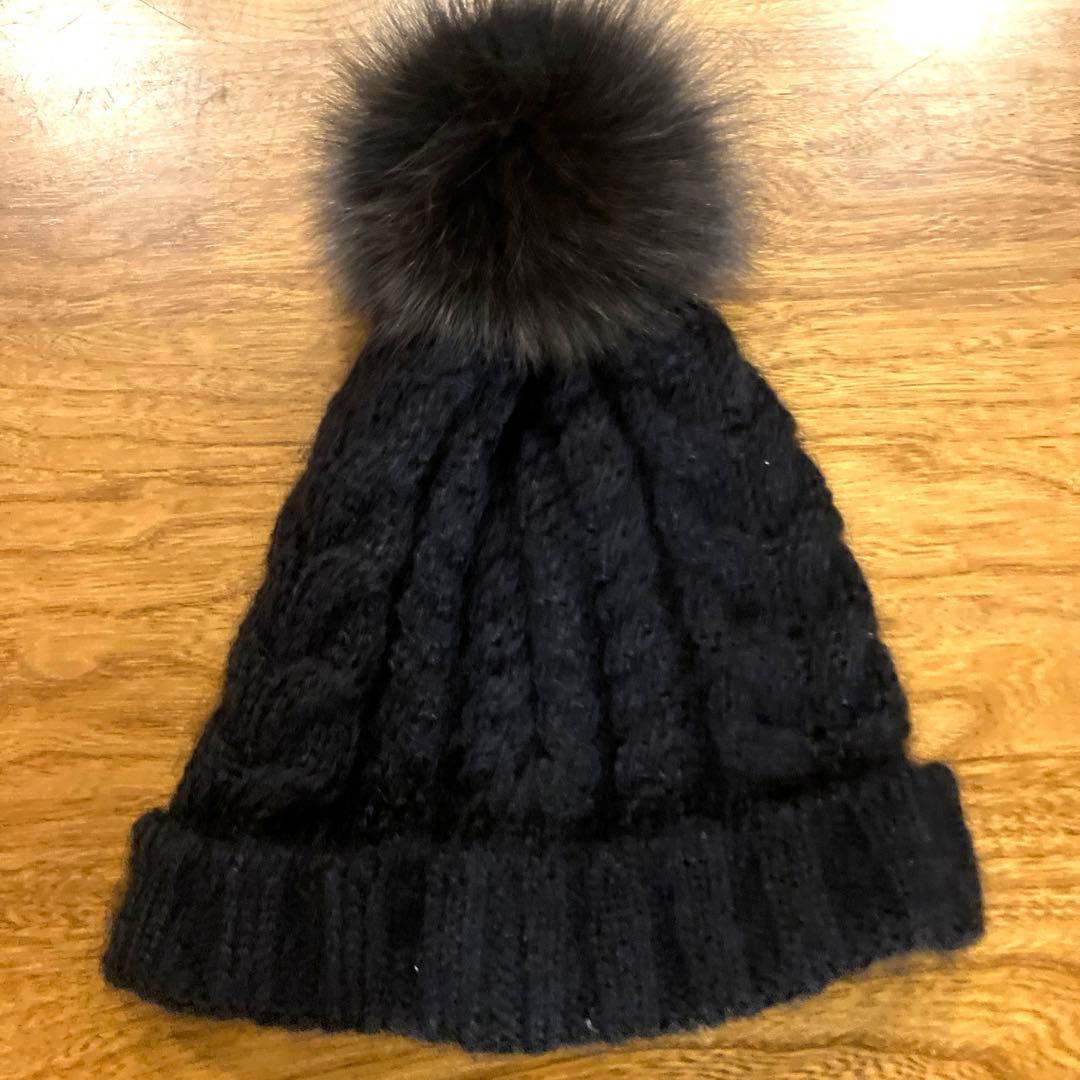 【美品】ca4la 黒 ケーブル編み ニット帽 ファー付き 日本製　ブラック