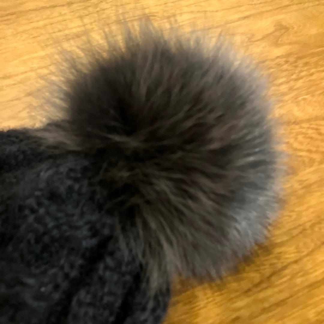 【美品】ca4la 黒 ケーブル編み ニット帽 ファー付き 日本製　ブラック