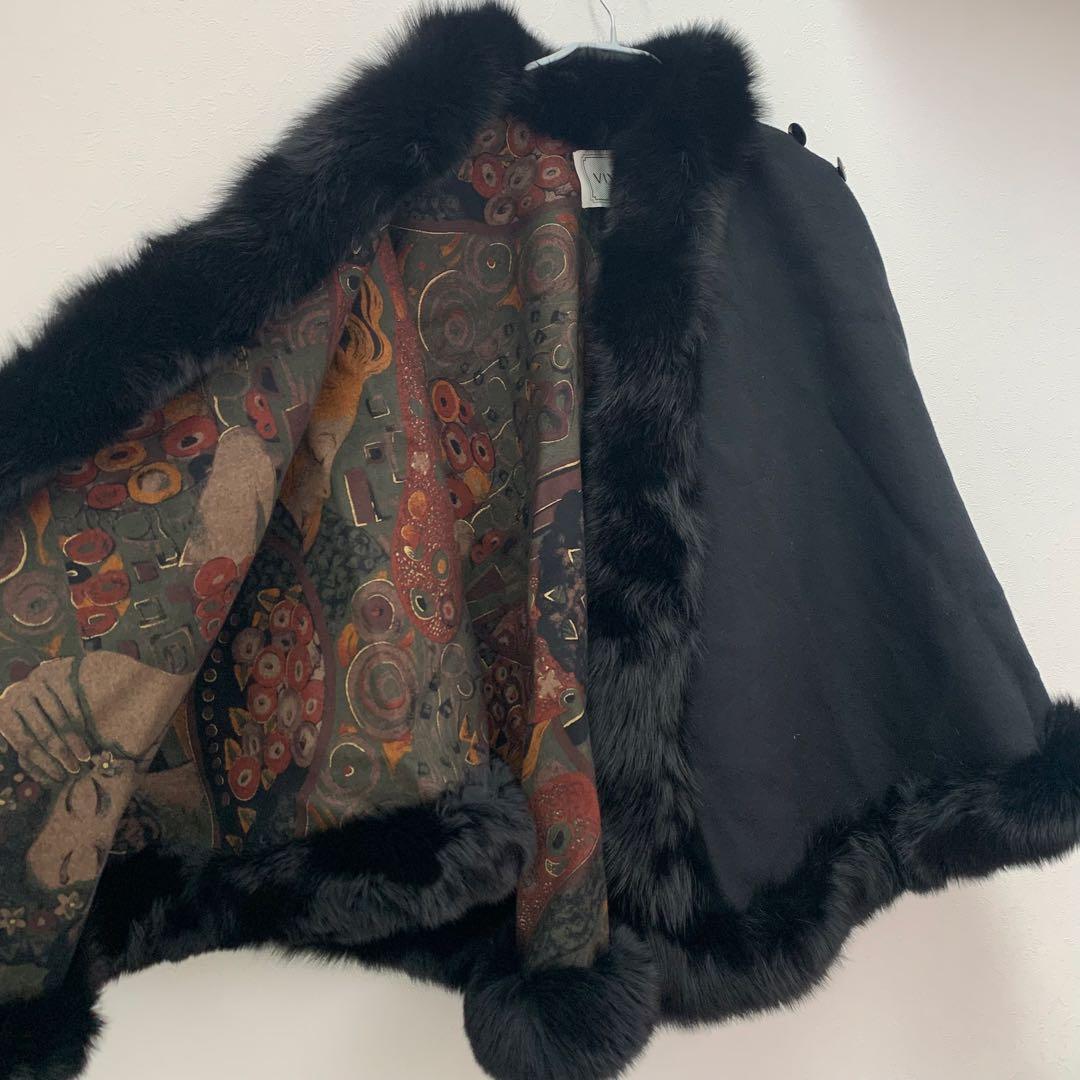美品⭐︎vivreビブレ　黒　カシミヤ　ケープ　フォックスファー付　ポンチョコート