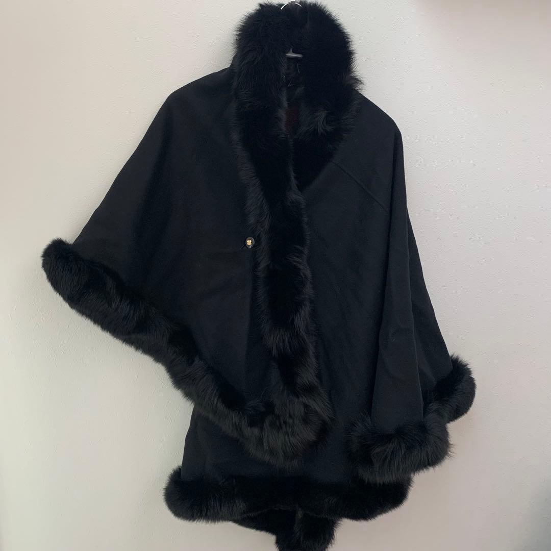 美品⭐︎vivreビブレ　黒　カシミヤ　ケープ　フォックスファー付　ポンチョコート