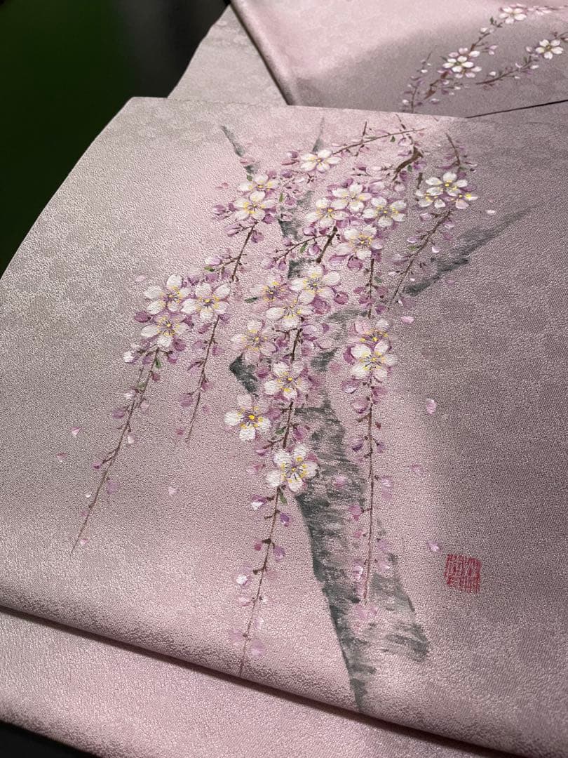 お仕立て付き【特選手描き友禅染帯◆枝垂れ桜】淡い紅藤色