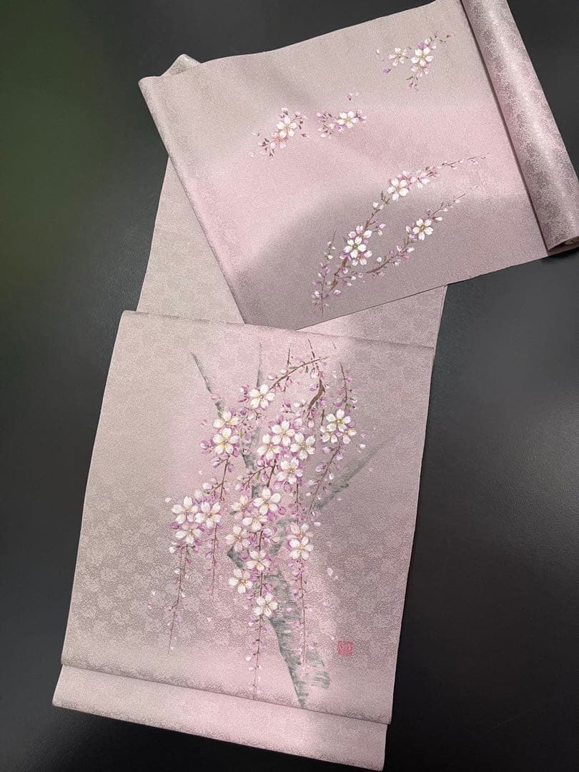 お仕立て付き【特選手描き友禅染帯◆枝垂れ桜】淡い紅藤色