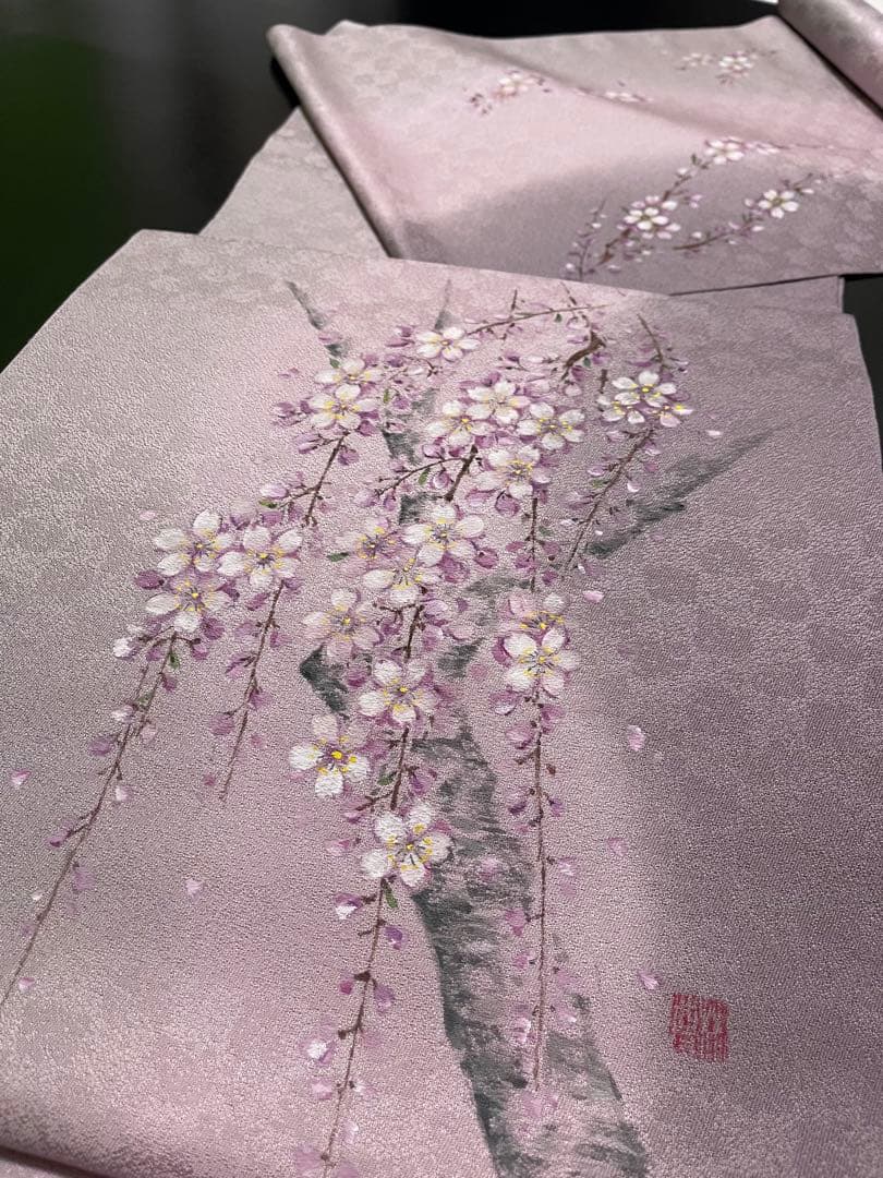お仕立て付き【特選手描き友禅染帯◆枝垂れ桜】淡い紅藤色