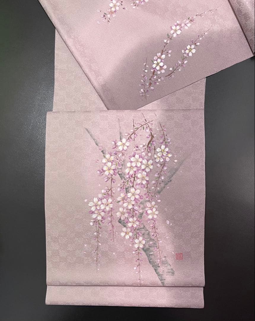 お仕立て付き【特選手描き友禅染帯◆枝垂れ桜】淡い紅藤色